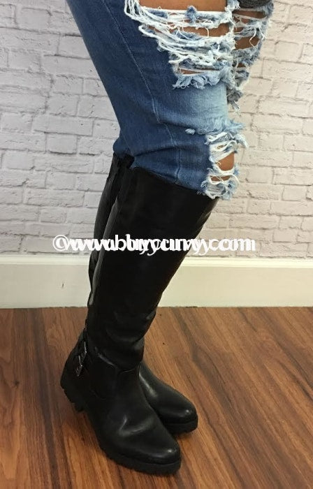 Shoes-Black Boots With Double Buckle 1 Inch Heel Shoes