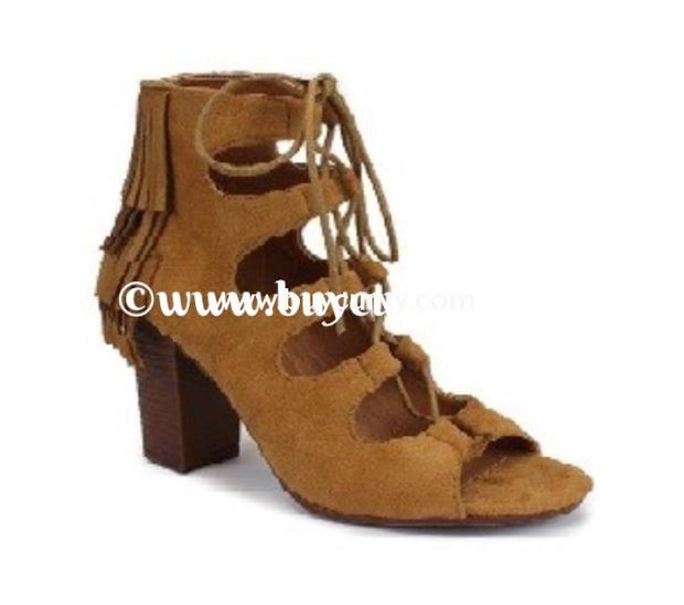 Shoes-Miim Camel Suede Fringed Lace Up Heels Sale! Shoes