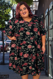 86 PSS-C {Soulful Looks} Black w/ Red Floral Print Dress EXTENDED PLUS SIZES 3X 4X 5X