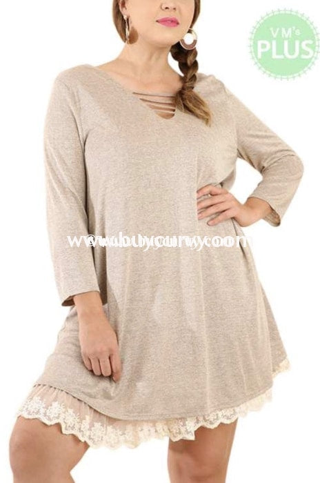 Sq-M {All Shook Up} Umgee Taupe Tunic Built-In Lace Slip Sq